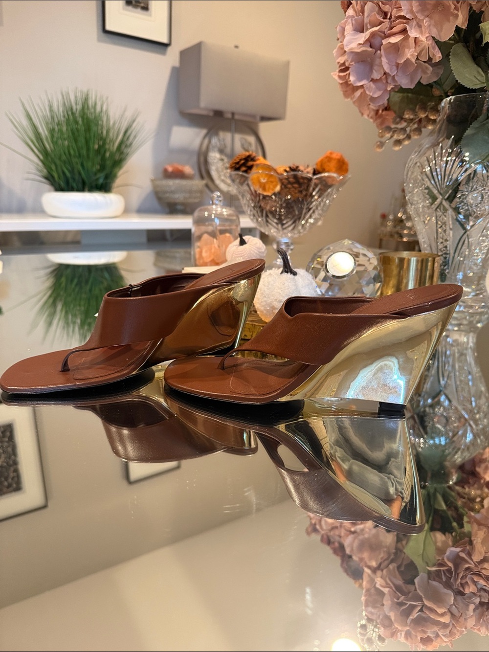 Mango Brown Leather Wedge Sandals with Gold Metallic Heel